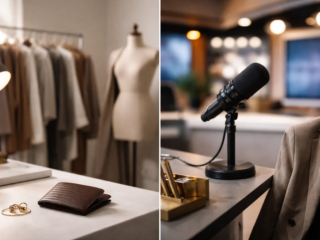 Minimal fashion studio clothing rack and anonymous TV studio microphone desk.