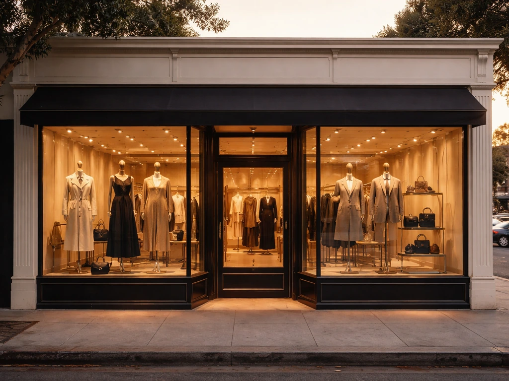 Luxury vintage consignment boutique exterior on a sunny Melrose Avenue street with elegant window displays.