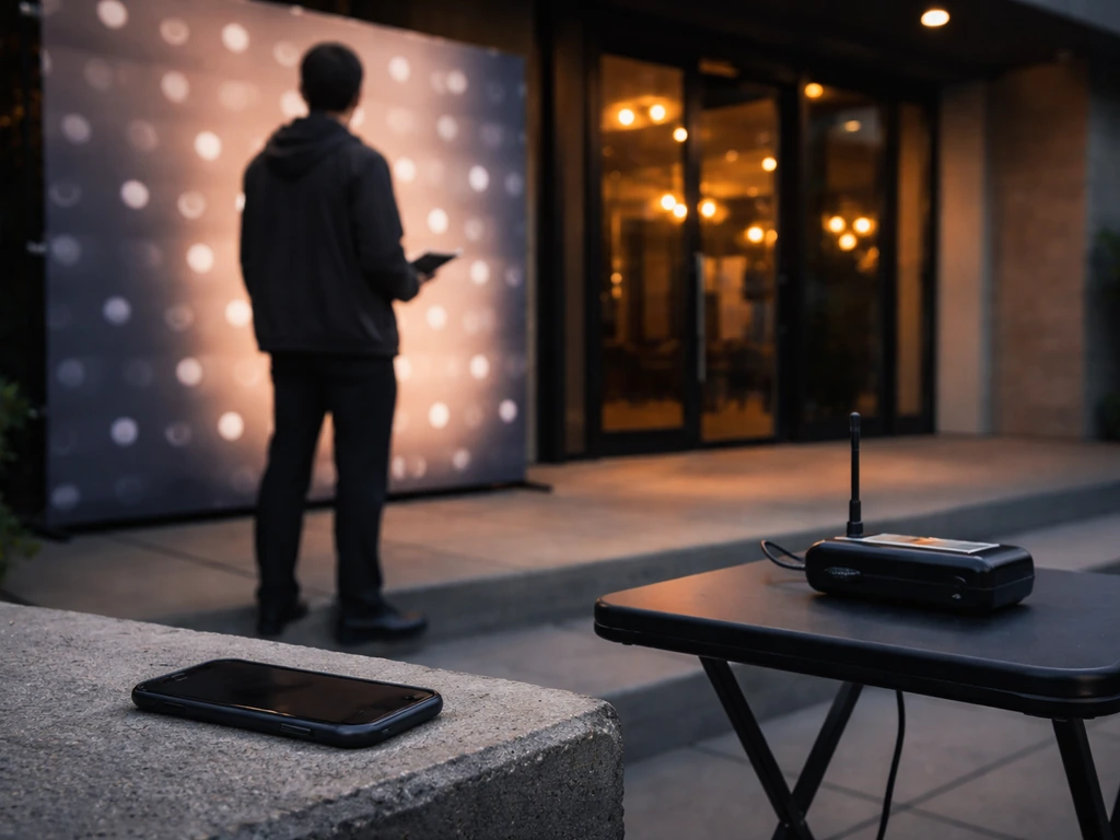 Anonymous media crew member holding a clipboard near a studio entrance with a microphone receiver on a table.