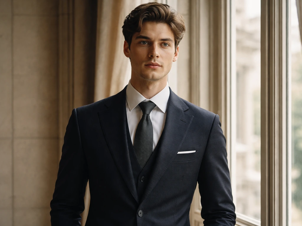 Prince-like young royal in a dark tailored suit standing by a palace window with soft daylight