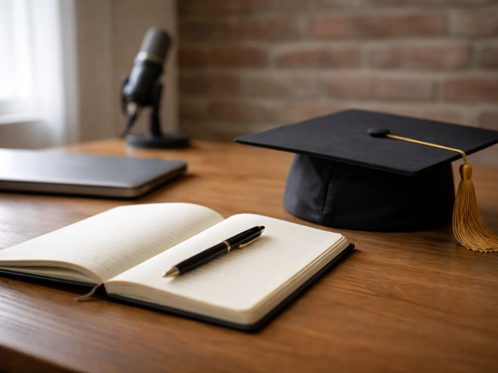 Minimal scene showing an open notebook, laptop, and a graduation cap on a desk suggesting credential and early career ev