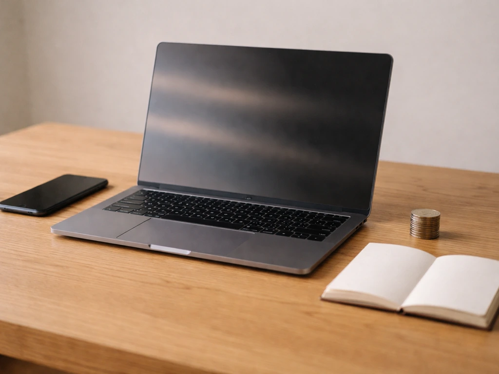 Minimal desk scene with laptop and notebook, with soft reflected light bands suggesting confidence ranges.