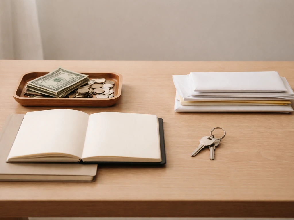 Minimal desk scene with cash, keys, and blank notebook illustrating assets vs liabilities for net worth.