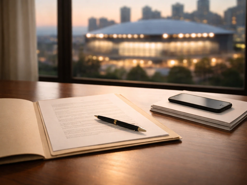 Minimal photo of a contract folder and pen on a desk with a blurred arena view outside the window.