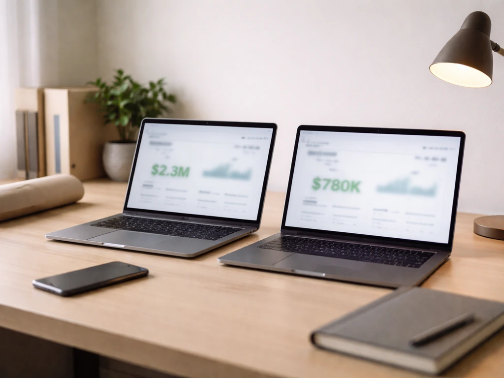 Two open laptops on a desk showing different net-worth figures, styled as anonymous estimates, no readable text.
