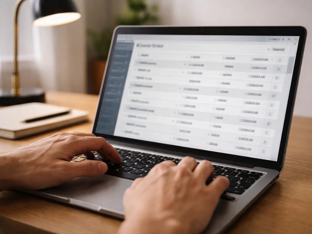 Person at a desk reviewing a contract database entry on a laptop with finance details