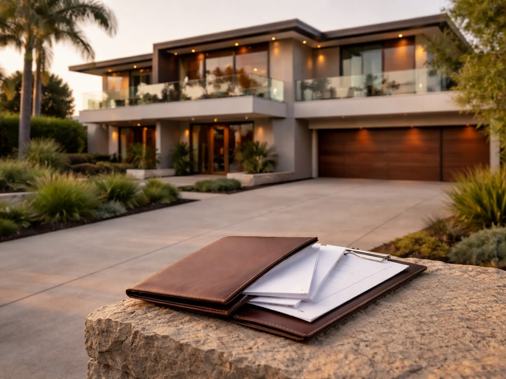 Luxury California home exterior beside a broker-style folder and clipboard on a driveway