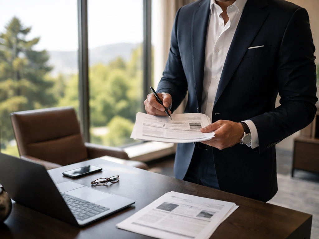 Luxury real estate broker office in California with a single businessman in suit reviewing paperwork