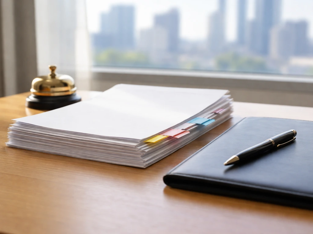 Stack of blank real-estate closing documents on a broker desk with a pen and city skyline blur.