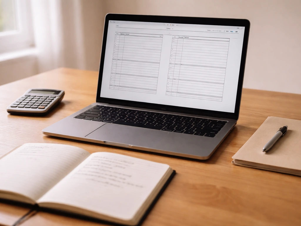 Laptop with a handwritten notebook and calculator beside it, showing a simple money-tracking workflow