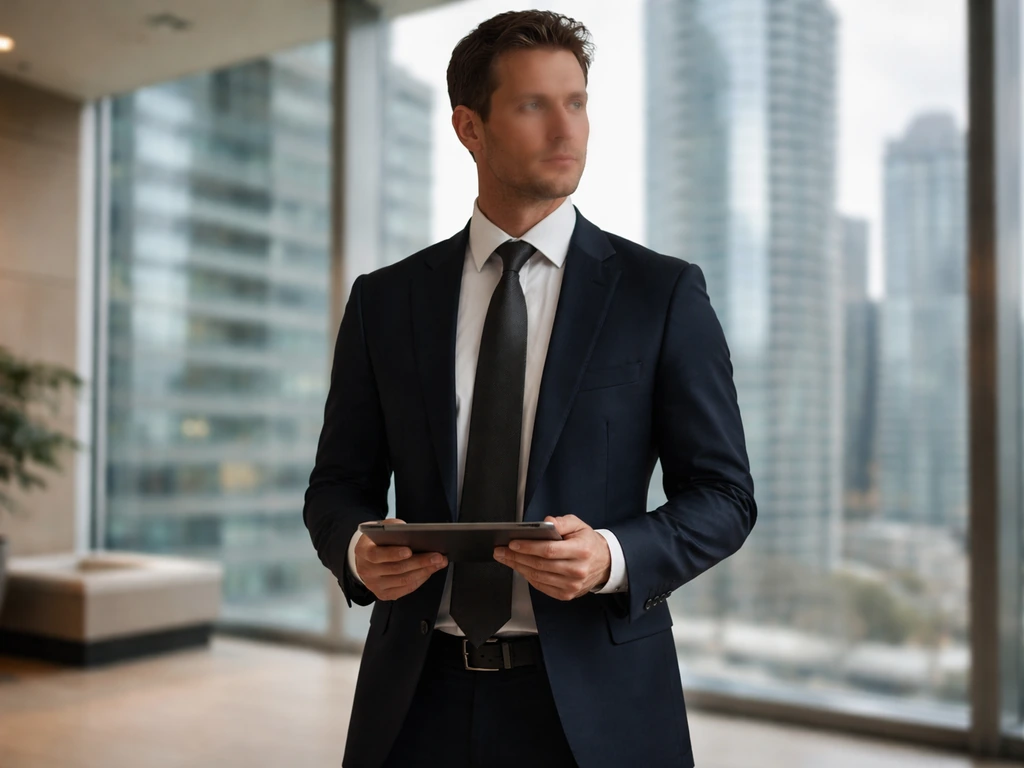 Anonymous businessman in a modern office lobby holding a tablet, with blurred city buildings behind him.