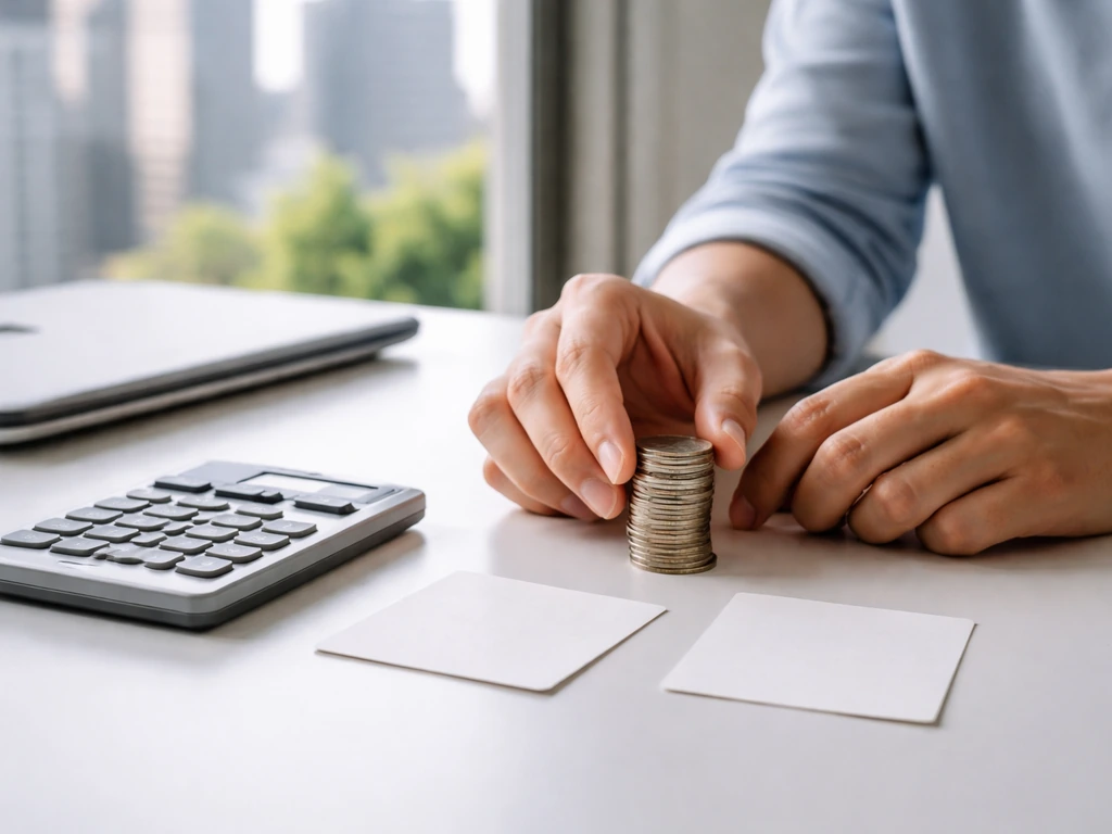 Hand placing coins next to a calculator beside a laptop in a quiet office, symbolizing unit-price estimate logic.
