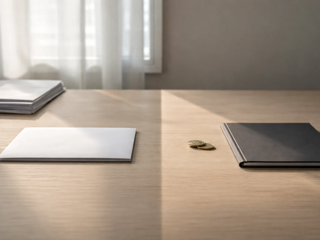 Split view of a quiet office desk with a blank paycheck-like envelope and subtle money motif, no text