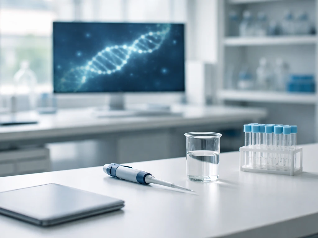 Biotech lab bench with a softly glowing monitor showing abstract molecular patterns, hinting at finance analysis