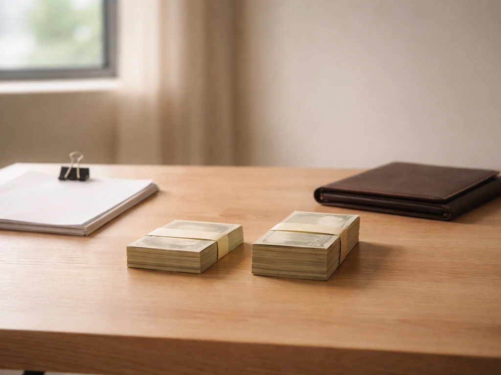 Minimal scene showing two labeled-worth scenarios with cash envelopes and an office desk, no text.