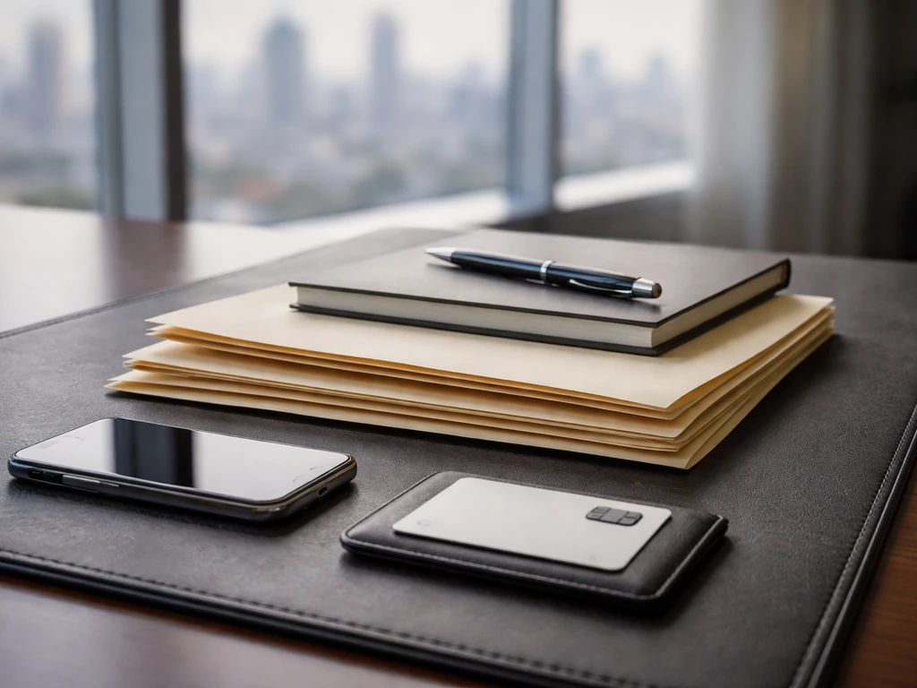 Minimal office desk scene with stacked folders and key card symbolizing layered career earnings sources.