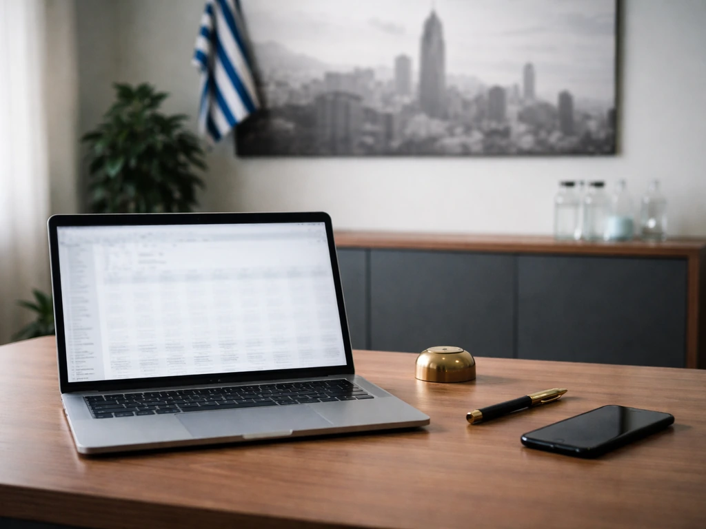 Minimal office desk with biotech vials, Greek flag fabric, and Athens–New York framed photo backdrop