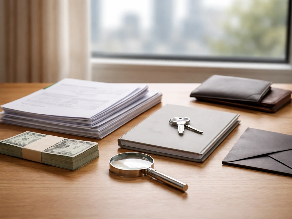 Minimal photo of a desk with cash, a stack of documents, and a magnifying glass symbolizing net worth snapshot