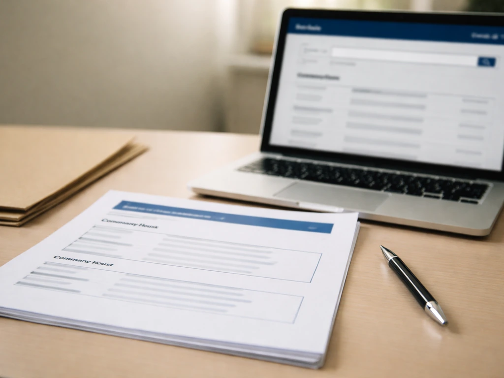 Printed Companies House-style document beside a laptop showing a generic regulatory register interface.