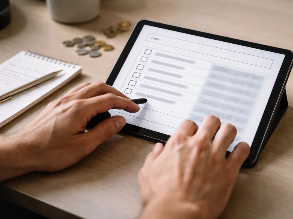 Closeup of hands adjusting a finance checklist on a tablet next to share-price style notes and coins