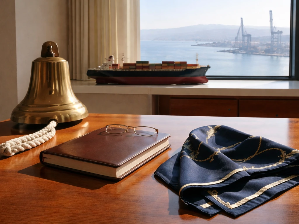 Sunlit shipping office desk with ship bell, navy cloth, and view of harbor cranes and sea haze.