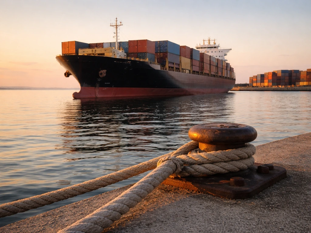 A cargo ship at anchor with containers and dock mooring gear, showing shipping as a wealth foundation.