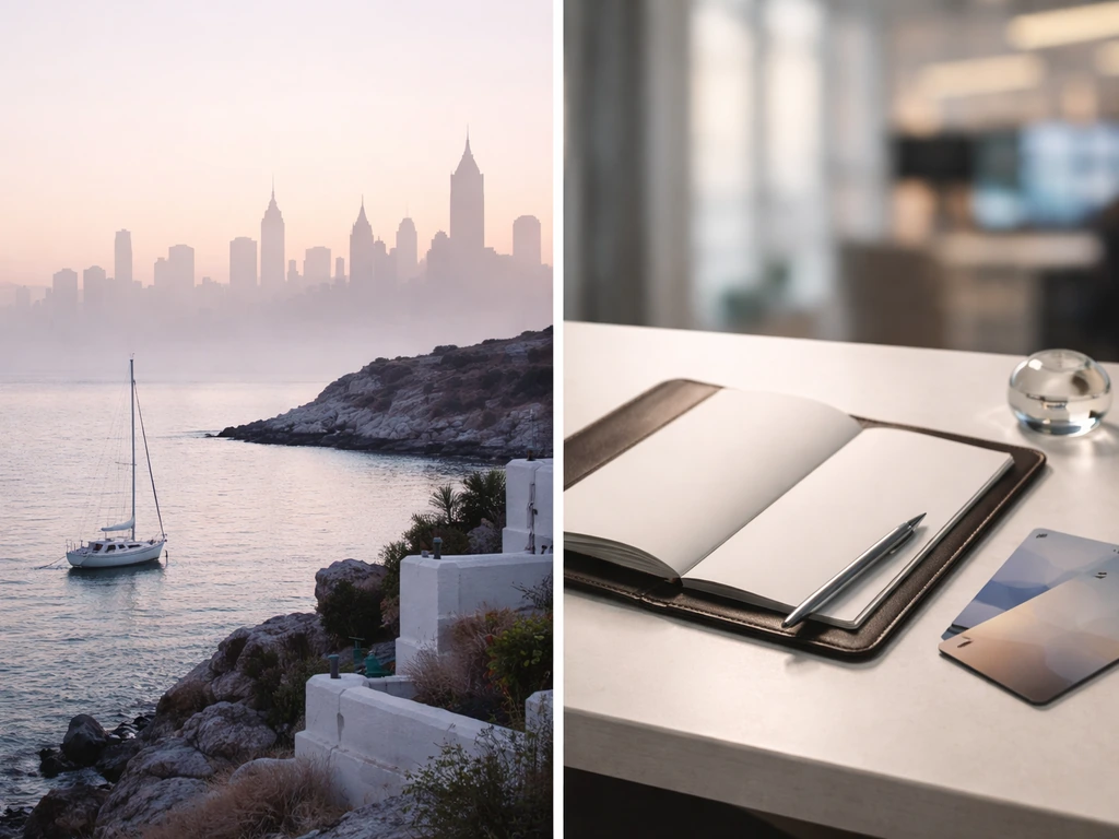 Minimal scene showing two-part wealth allocation: city skylines and coast beside investment tools, no text.