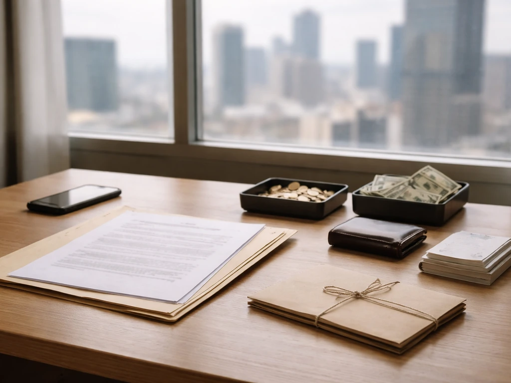 Minimal desk scene with contract papers, wallet, and money containers symbolizing assets vs liabilities.