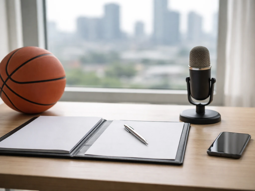 Minimal office desk with a basketball, open contract folder, and microphone, city skyline blurred behind.