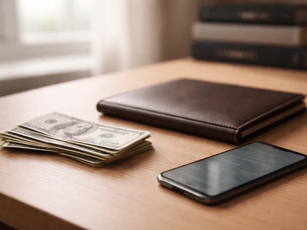 Minimal photo of a quiet desk with scattered cash and a smartphone showing blurred finance figures