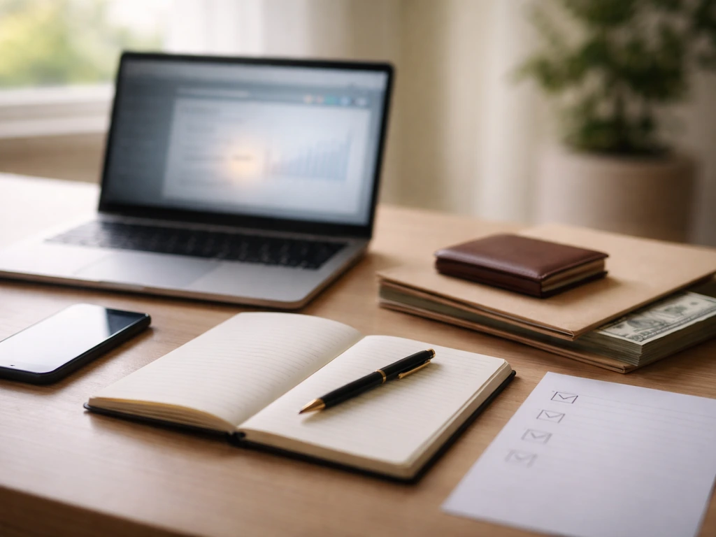 Minimal desk scene with laptop and blank checklist paper and checkmarks, symbolizing net worth verification.