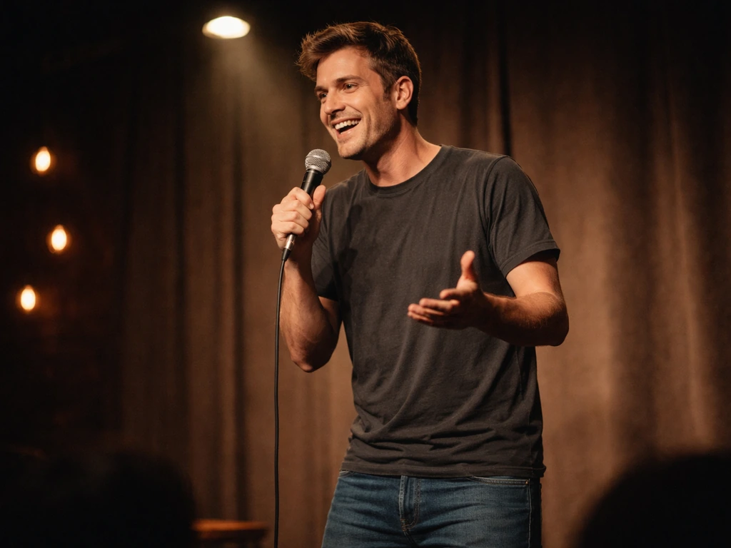 Anonymous comedian at a small stand-up stage, holding a microphone under warm spotlight
