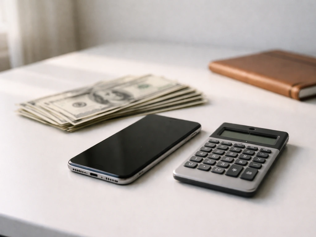 Minimal desk scene with cash, a smartphone, and a calculator symbolizing a net worth estimate breakdown.