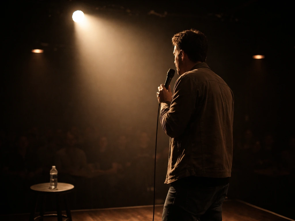 Anonymous stand-up comedian performs under a spotlight on a small theater stage at night.
