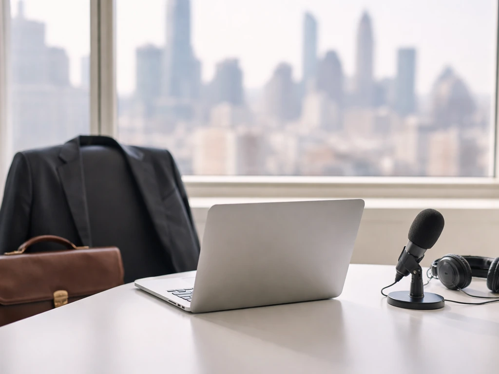 Minimal desk scene with open laptop, briefcase, and suit jacket symbolizing finance and politics.