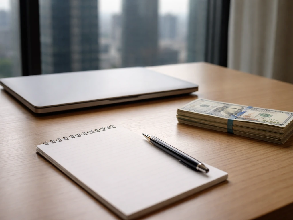 Minimal office desk with scattered cash and a closed laptop, symbolizing a supported net-worth range