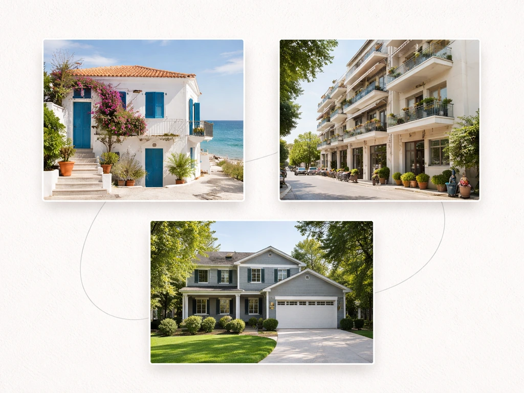 Minimal real estate collage showing a house, an Athens-style apartment, and a US property using distinct photos.