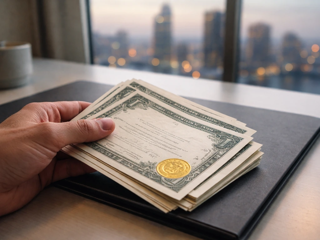 Anonymous hand holds municipal bond certificates on a minimalist desk with a softly lit city skyline