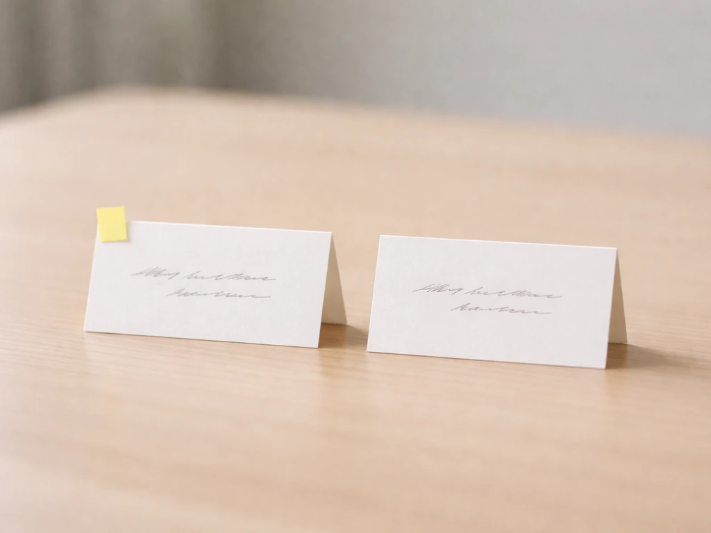 Two small paper name cards on a desk, one card slightly highlighted to suggest the correct match