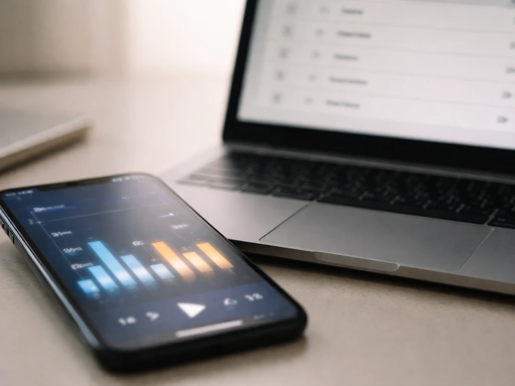 Close-up of a phone displaying streaming analytics next to an open laptop with a music track list