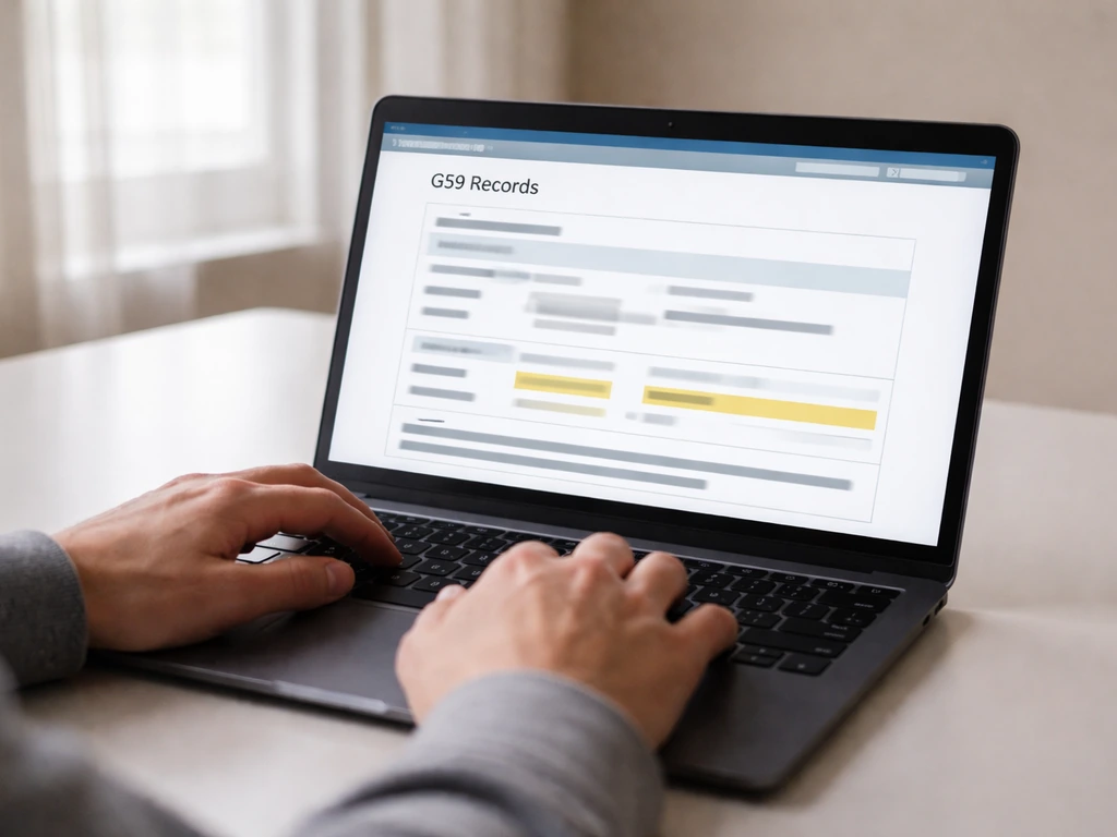 Hands using a laptop with a business record page showing highlighted filing date and status.