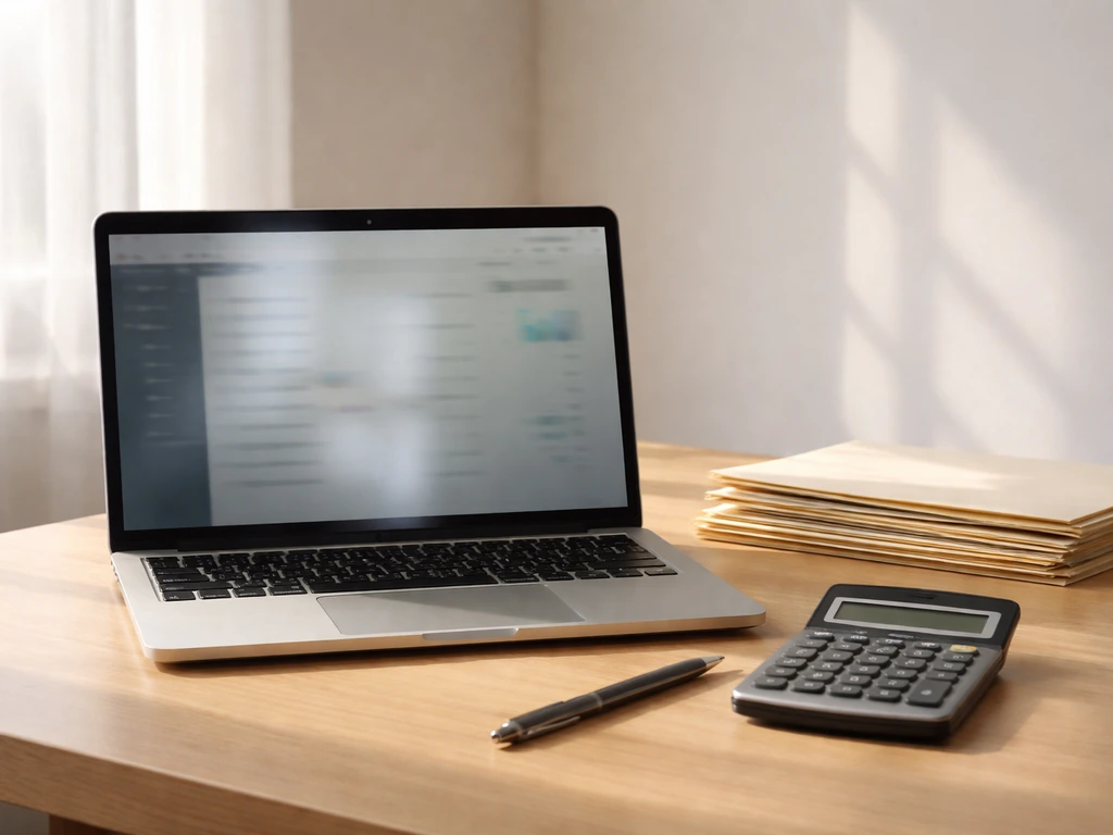Minimal photo of a manila folder and pen beside a laptop with a calculator, symbolizing net worth research