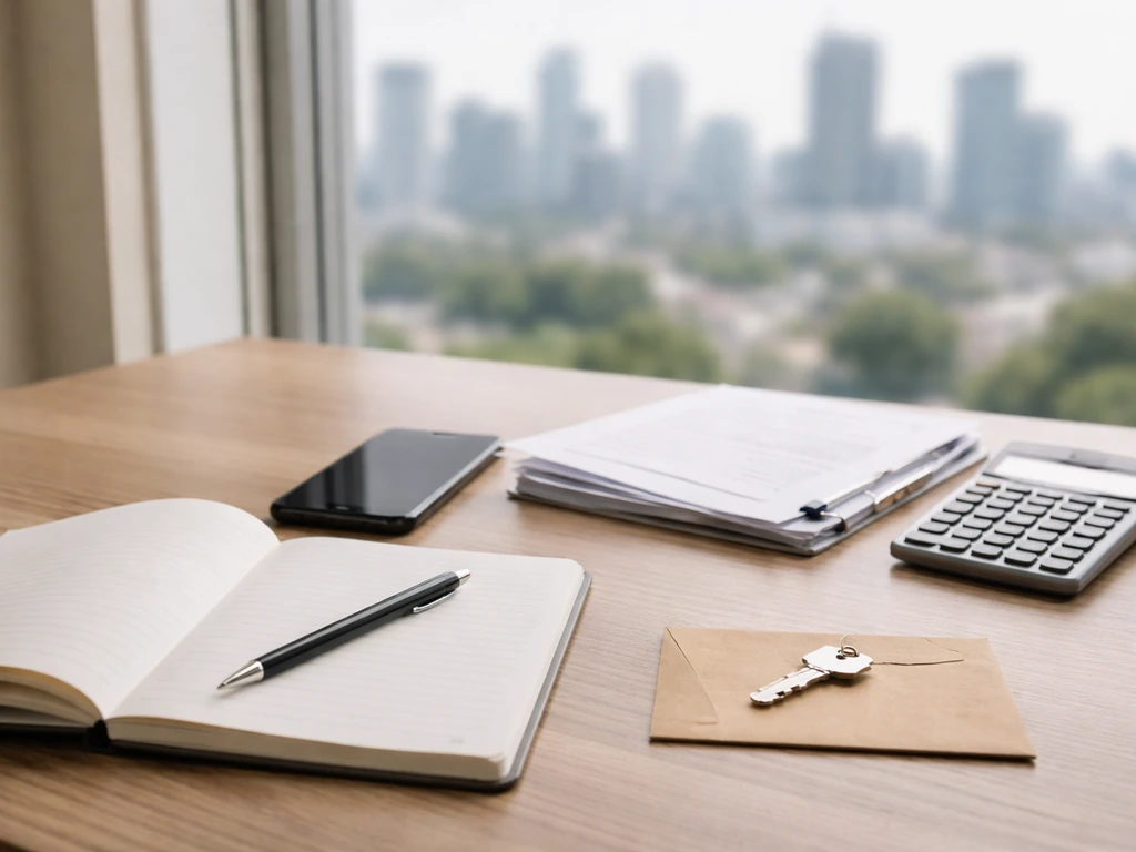 Minimal desk scene with open notebook, calculator, documents, and smartphone suggesting finance research workflow
