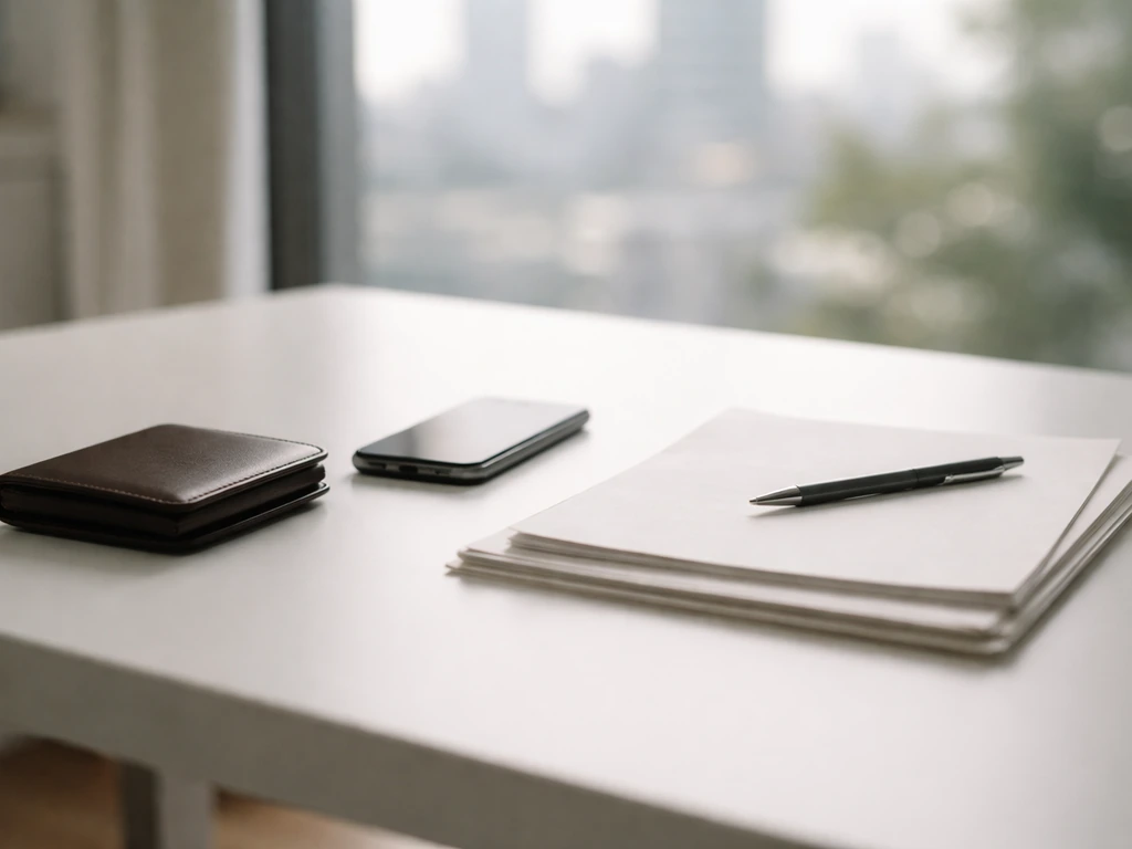 Minimal desk scene with a smartphone, wallet, and office documents symbolizing earnings and assets review.