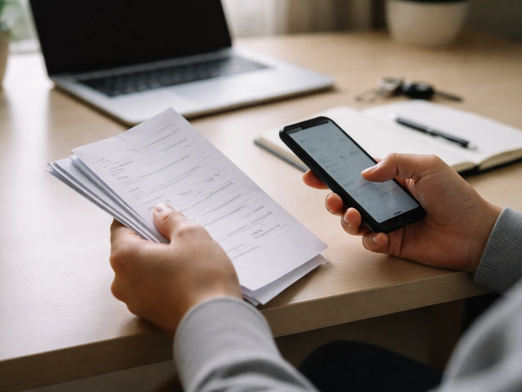 Hands cross-check documents and a phone on a quiet desk, symbolizing step-by-step verification workflow.