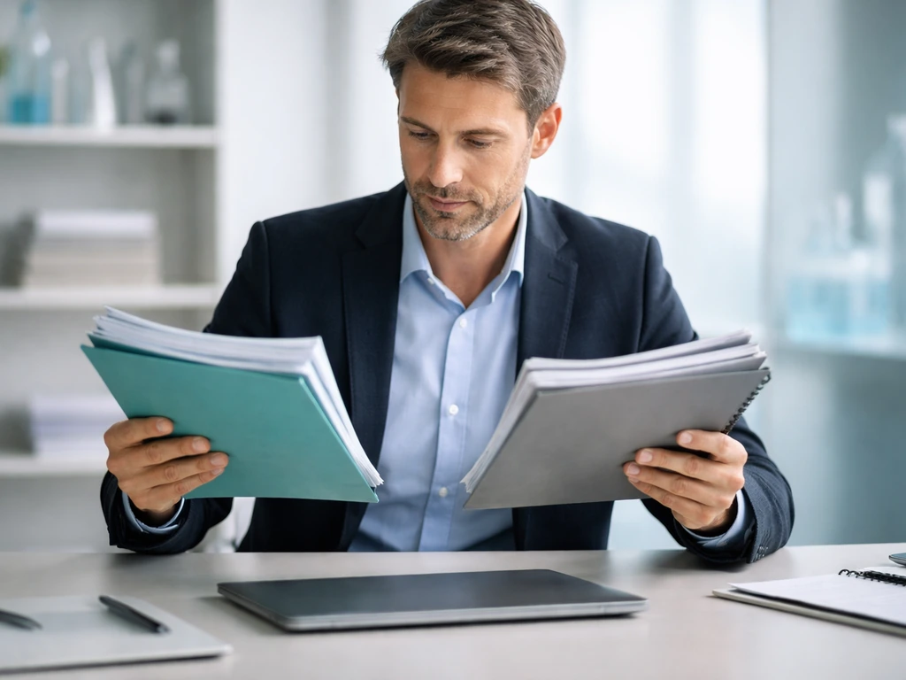 Anonymous executive in a biotech office comparing documents with company folders, signaling Stelios Papadopoulos identit
