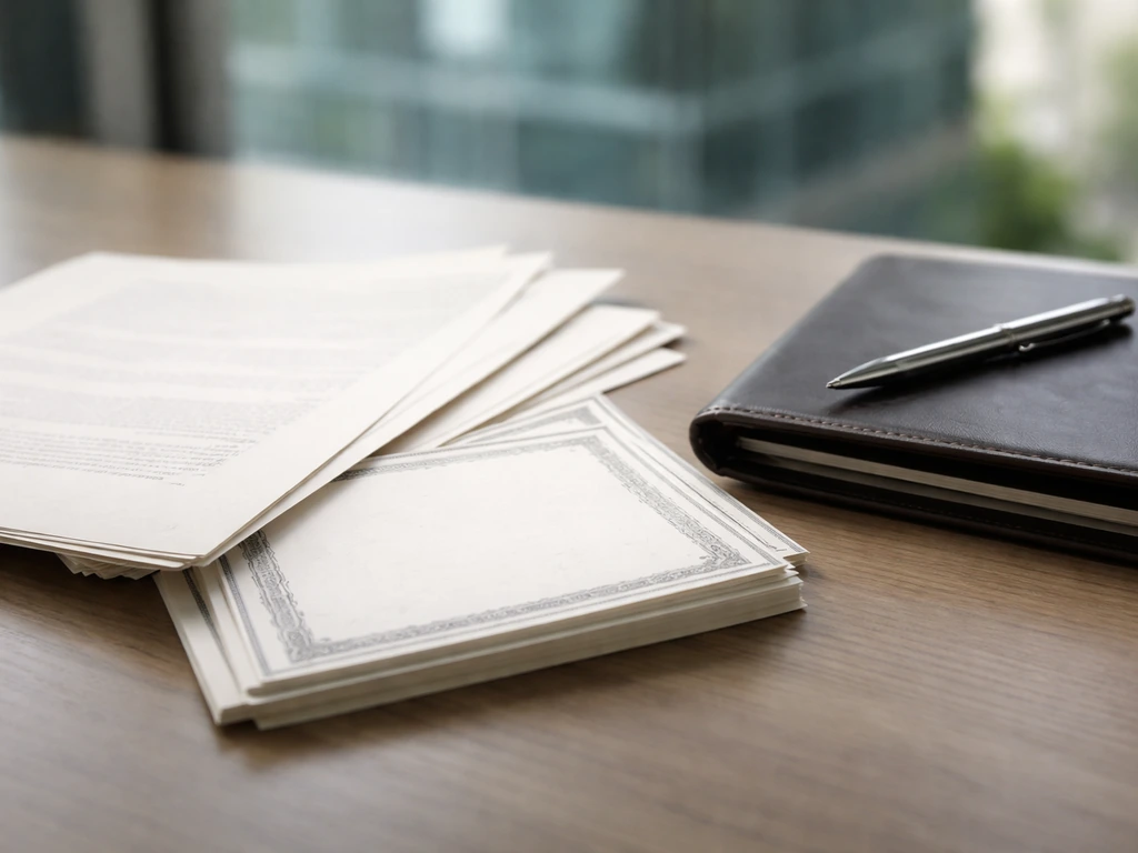 Close-up of a neutral desk scene with paperwork and a small stack of stock certificates symbolizing insider equity