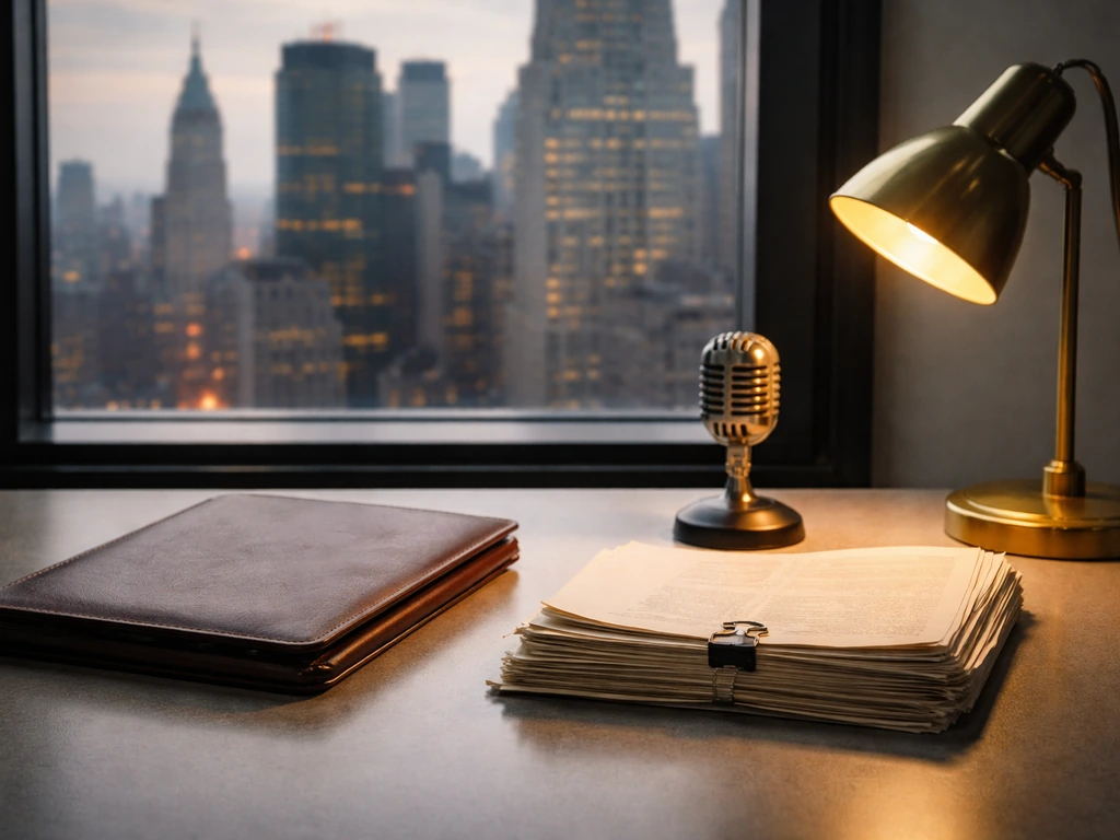 Minimal investment-banking office desk with old documents, portfolio, and a vintage microphone by a city window.