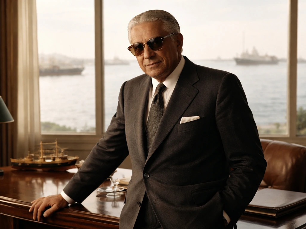 Aristotle Onassis-inspired businessman in a classic 1960s suit inside a luxury office with sea views.