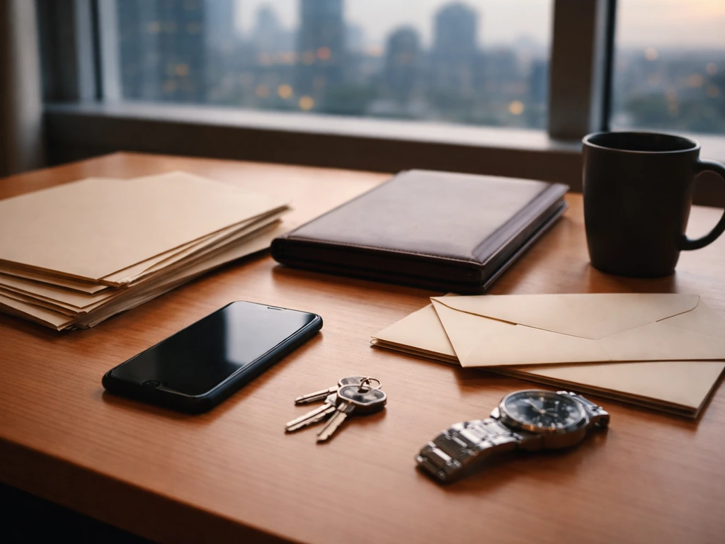 Minimal photo of a tidy office desk with envelopes, a smartphone, and scattered keys symbolizing offshore wealth structu